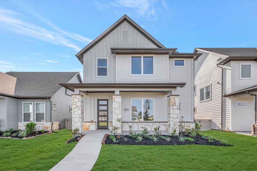 Front exterior of a new home in Pomona - Grove Row Collection, Manvel, TX, highlighting curb appeal (Image 24).