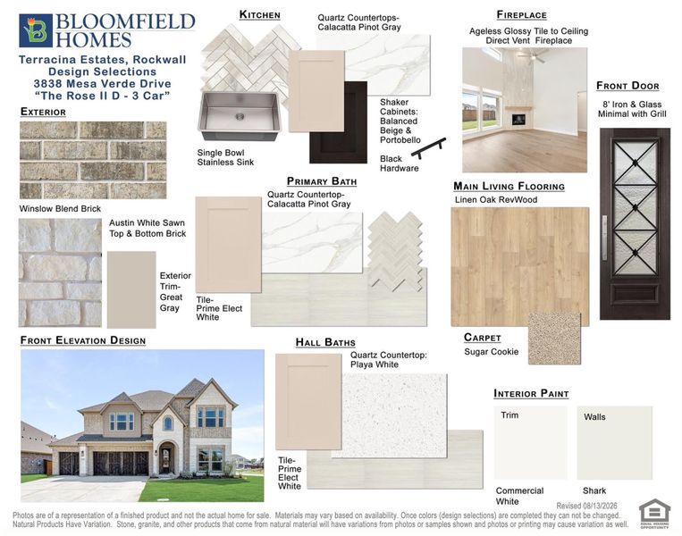 Bloomfield Homes design selection board for The Rose II D showing exterior, flooring, cabinet, countertop, and paint material samples.