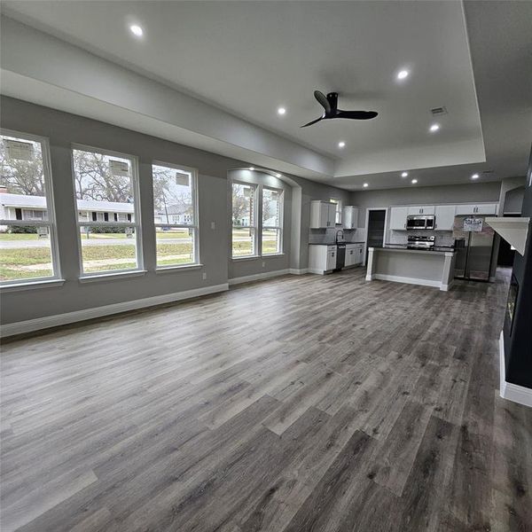 ceiling fan, a raised ceiling, and a fireplace