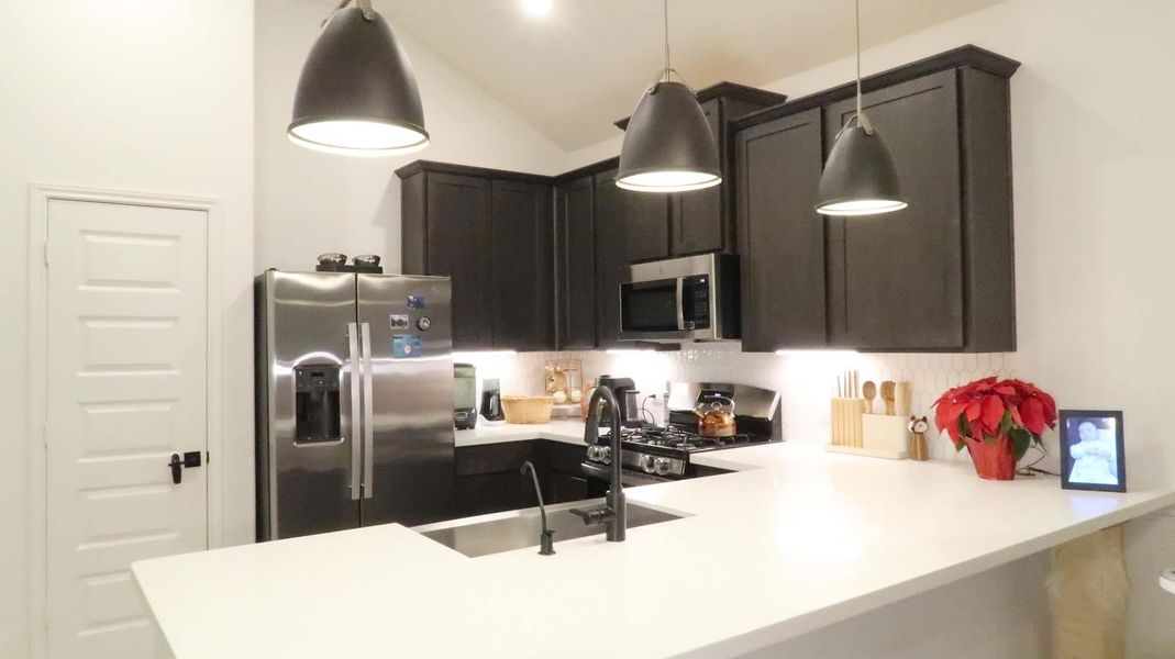 Modern kitchen with sleek black cabinets, stainless steel appliances, and a large quartz countertop. Features pendant lighting and ample storage space, creating a stylish and functional cooking area. Modern kitchen with sleek black cabinets, stainless steel appliances, and a large quartz countertop. Features pendant lighting and ample storage space, creating a stylish and functional cooking area.