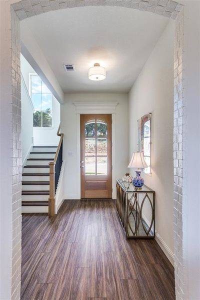 Foyer featuring dark wood-type flooring and plenty of natural light