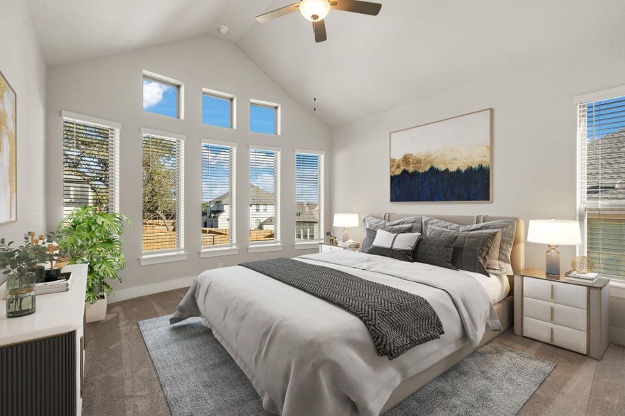 Primary Bedroom with elevated ceiling - Virtually Staged