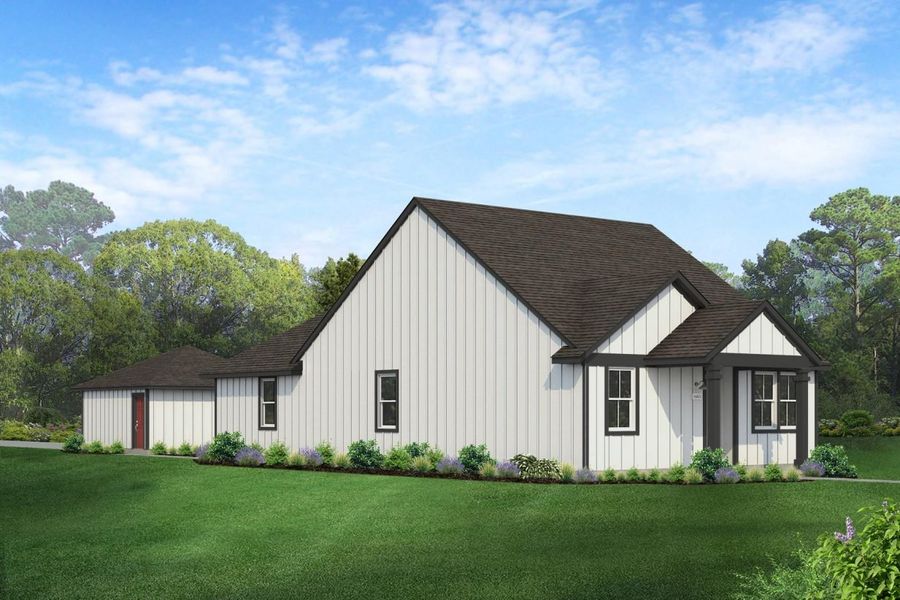 Rendering of one story white home with black accents and red door and detached garage with sky and landscaping Rendering of one story white home with black accents and red door and detached garage with sky and landscaping