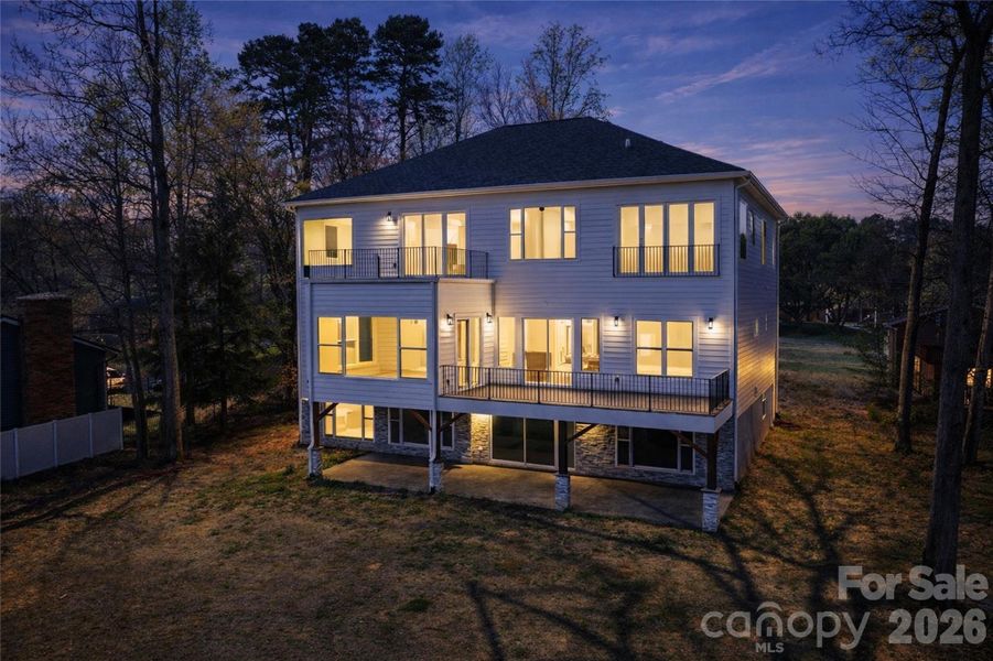 Virtual Twilight of Beautiful Lake Norman Waterfront Home Back of House