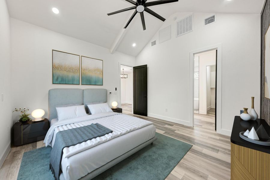 Guest bedroom main home, main floor with en-suite bath- virtually staged.