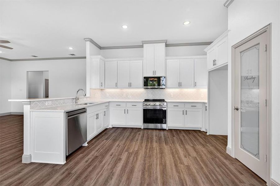 Kitchen featuring crown molding, white cabinetry, dark wood-style flooring, stainless steel appliances, and recessed lighting