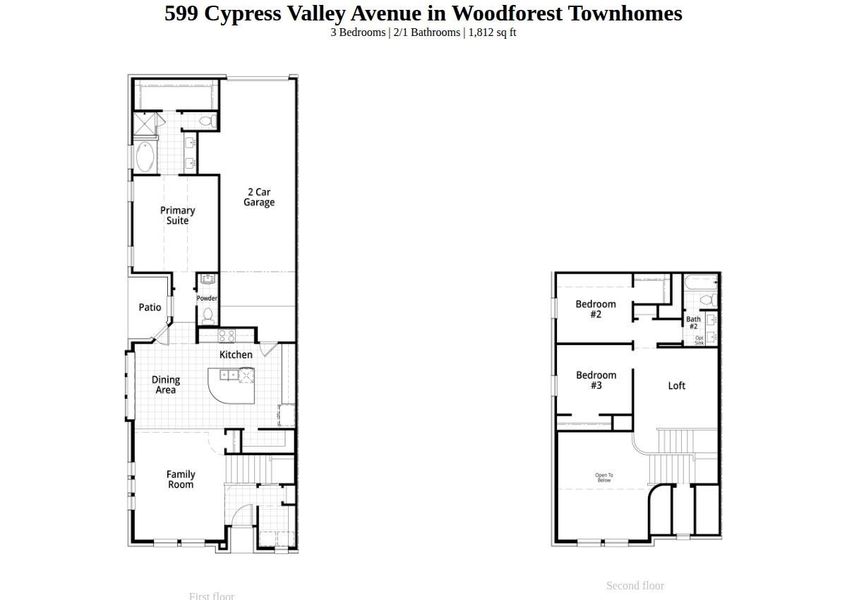 2D floor plan layout of this home in Woodforest Townhomes, Montgomery, TX (Image 3).