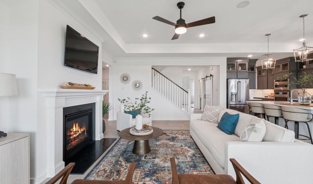 Great room with tray ceiling