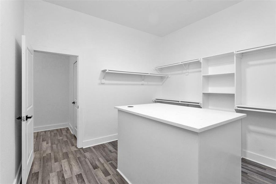 Another view of your primary closet. My favorite feature is this door leading directly into your laundry room making laundry a little easier.