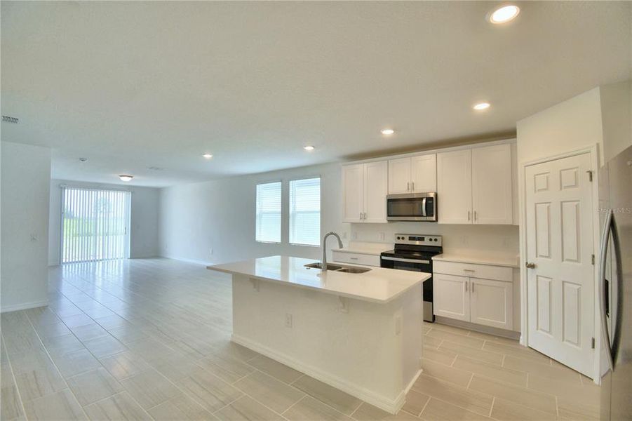 looking from foyer into open kitchen, dining and great room