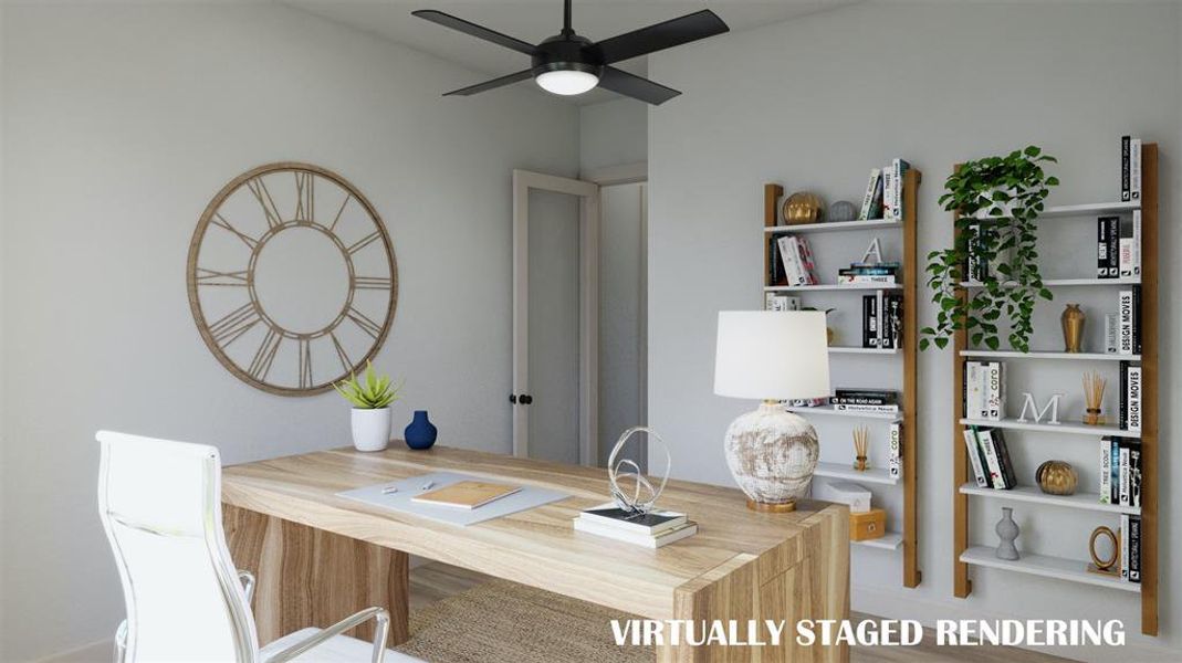 Our Rousseau plan offers a private home office perfect for work or play.  VIRTUALLY STAGED RENDERING