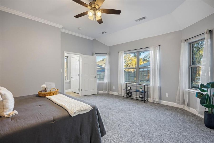 Primary bedroom with ensuite bathroom, crown molding, vaulted ceiling, light colored carpet, and ceiling fan