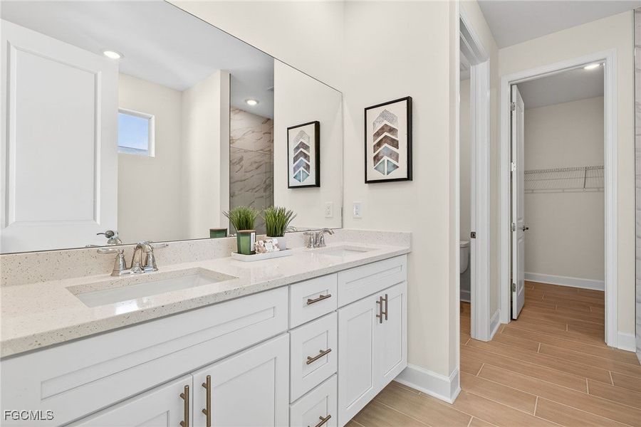 Bathroom with double vanity, a walk in closet, wood finish floors, and recessed lighting