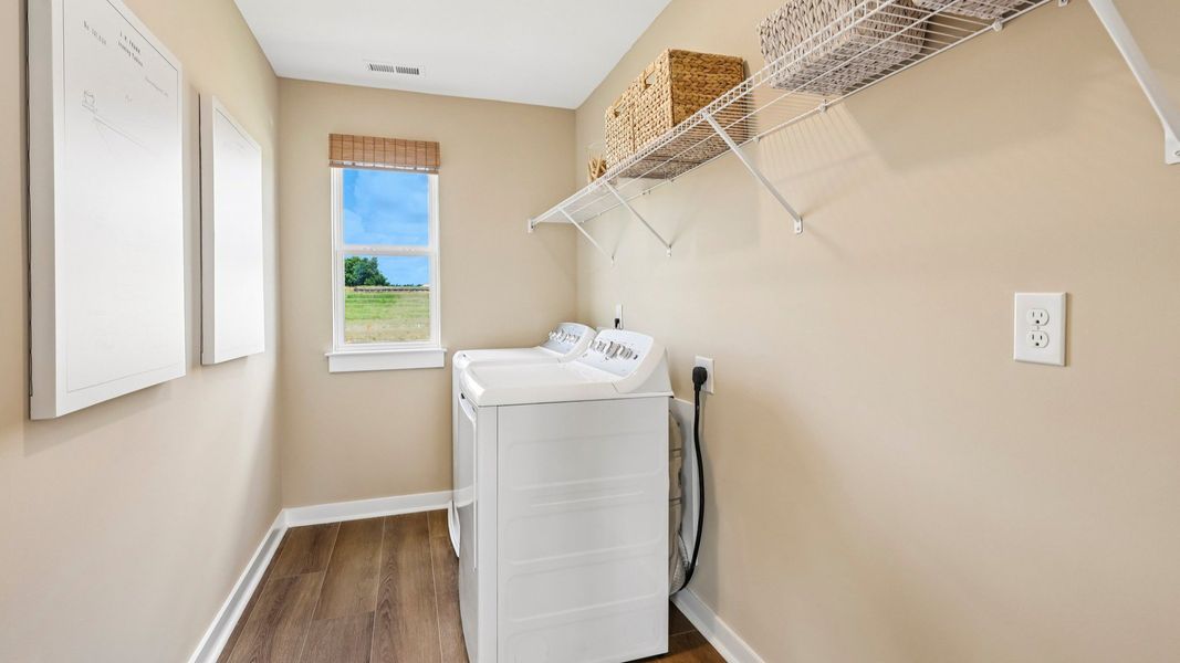 Dedicated laundry space with window and ventilated shelf Dedicated laundry space with window and ventilated shelf