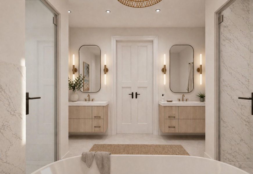 Dual vanity with custom cabinetry and designer finishes. Dual vanity with custom cabinetry and designer finishes.
