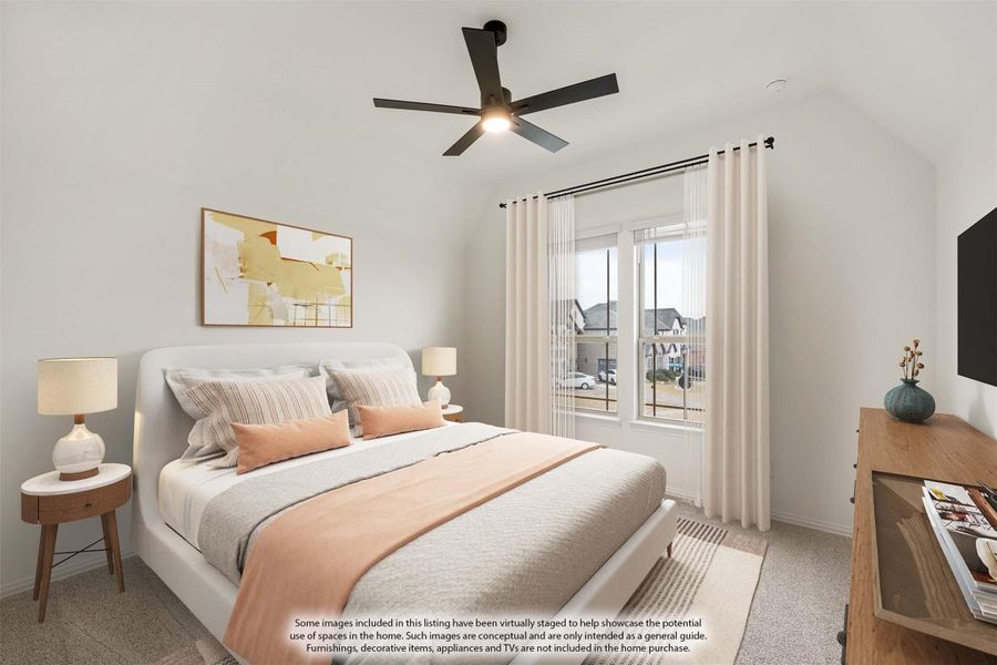 Bedroom with vaulted ceiling, ceiling fan, large window, and neutral carpet flooring Bedroom with vaulted ceiling, ceiling fan, large window, and neutral carpet flooring