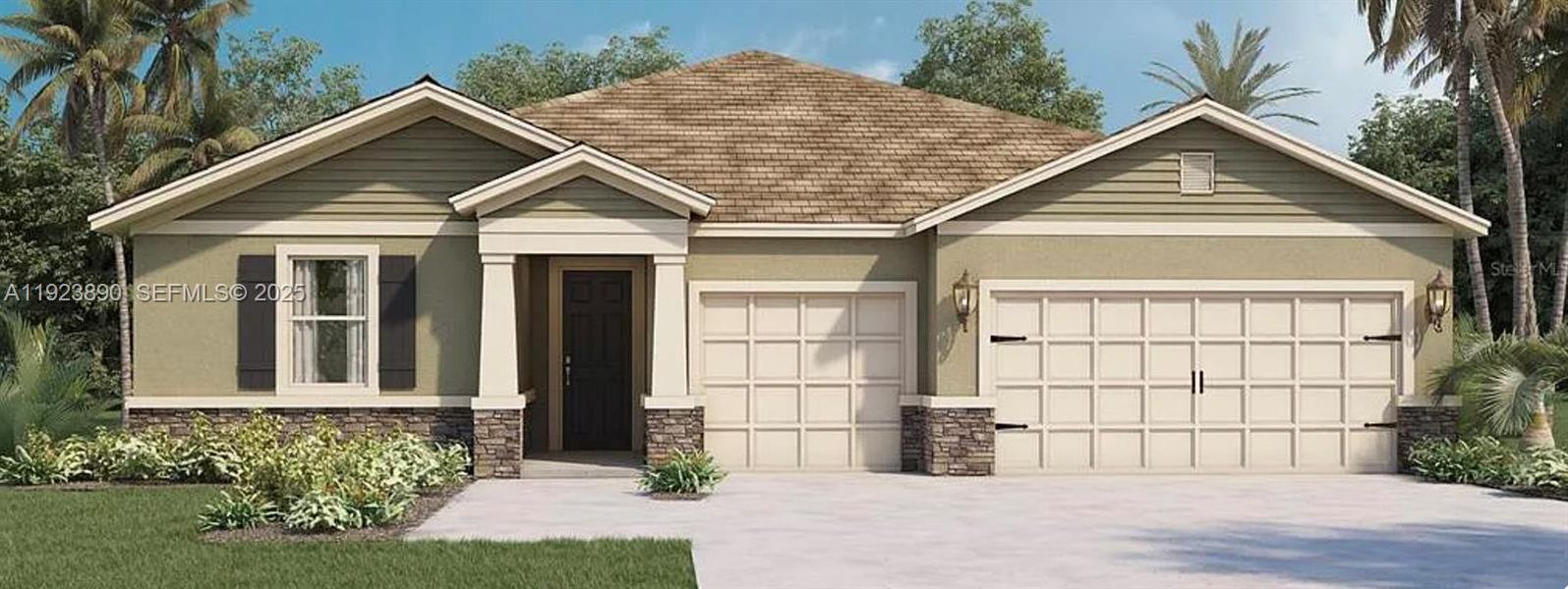 Front exterior of a new home in Kindred, Kissimmee, FL, highlighting curb appeal (Image 1).