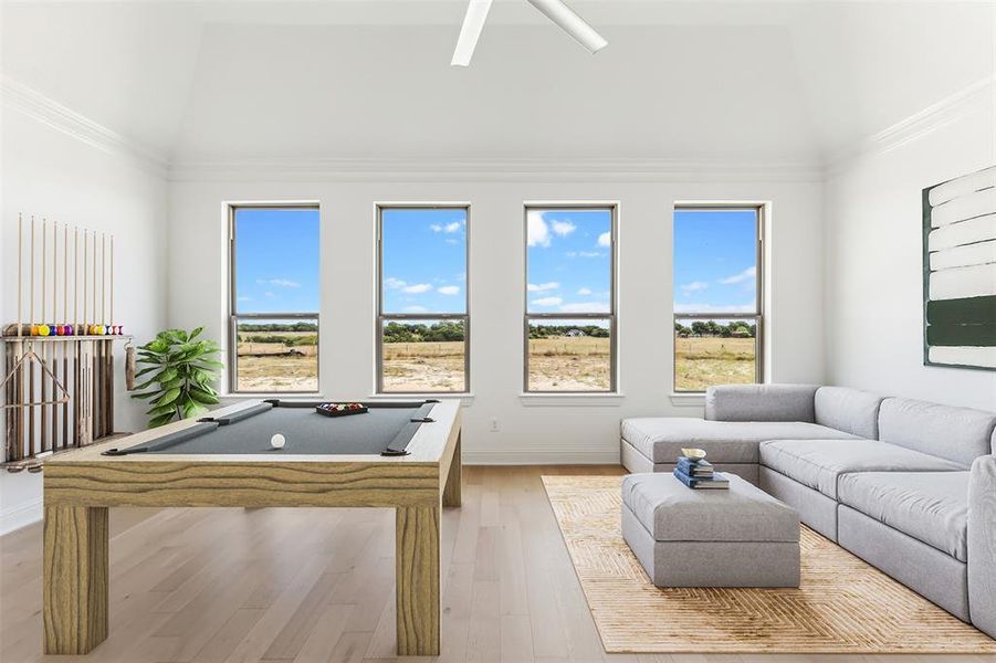 Virtually staged game room with tray ceiling.