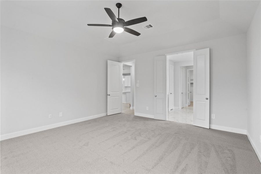 Additional view from primary bedroom looking towards the double door entrance to primary bathroom.