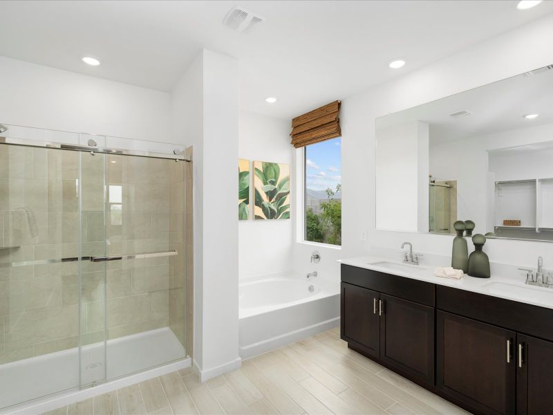 Primary Bathroom of the Lark Floorplan modeled at Mesquite Mountain Ranch