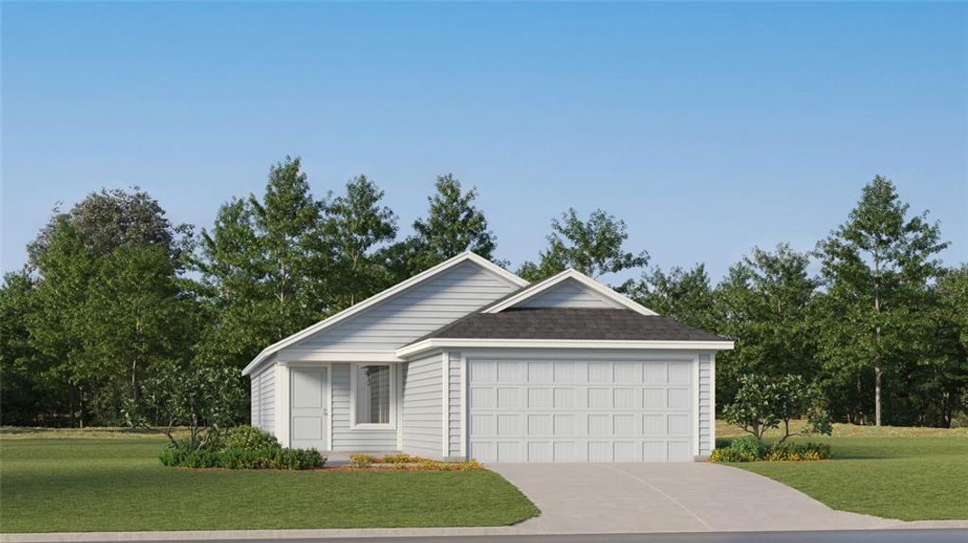 Ranch-style house with a front yard and a garage