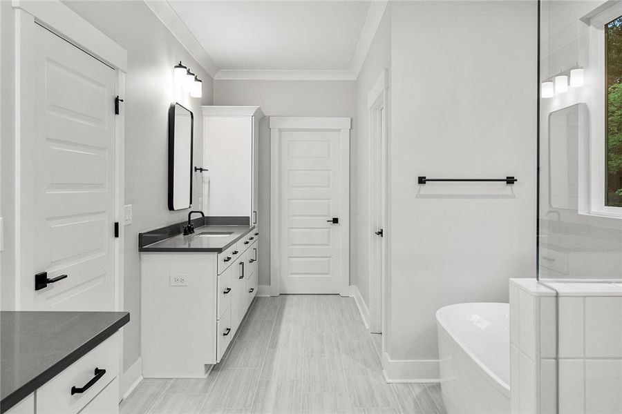 A pristine bathroom features clean lines, a sleek A pristine bathroom features clean lines, a sleek