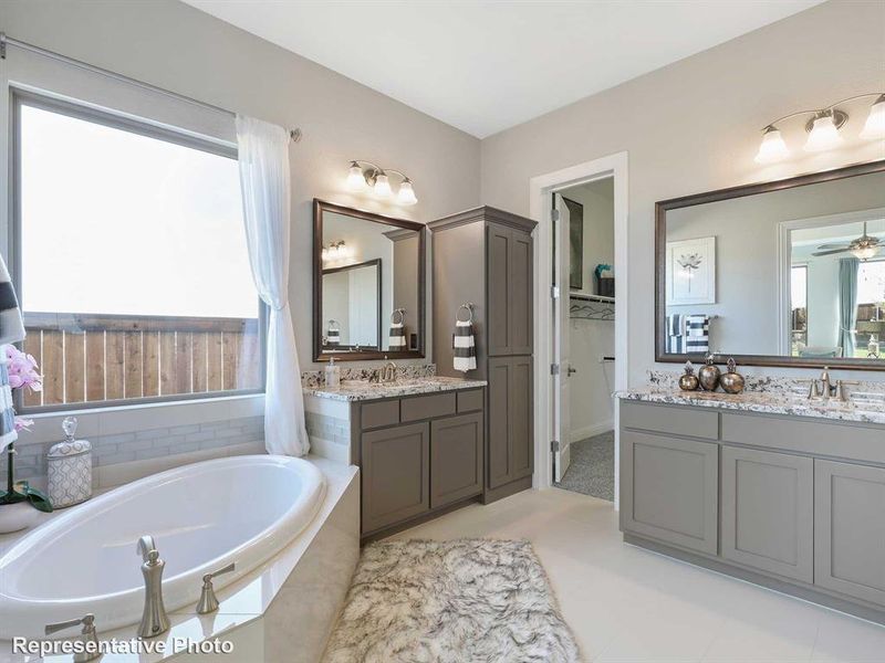 Bathroom featuring ceiling fan, tile flooring, vanity, and tiled bath