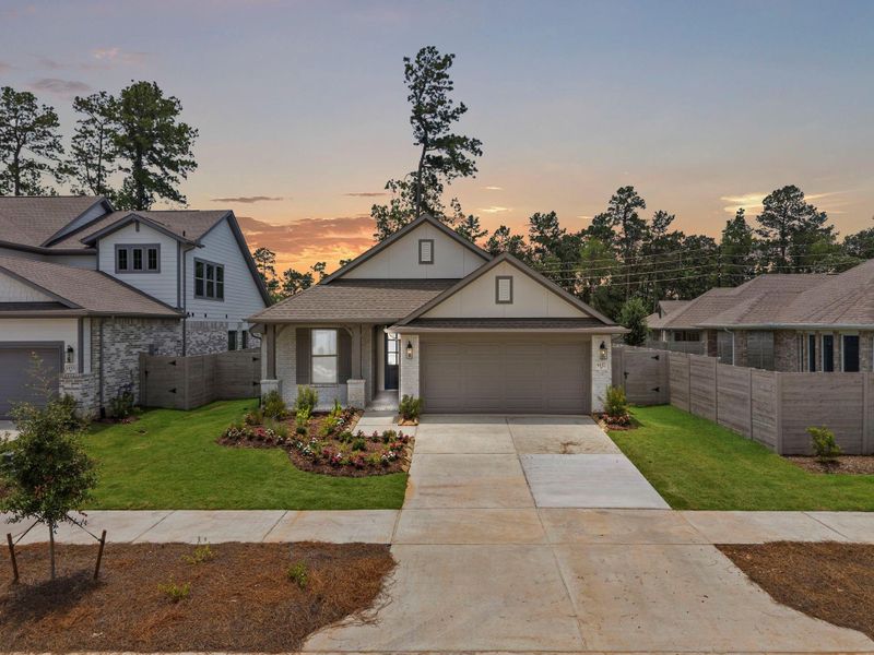Front exterior of a new home in Two Step Farm, Montgomery, TX, highlighting curb appeal (Image 2). Front exterior of a new home in Two Step Farm, Montgomery, TX, highlighting curb appeal (Image 2).