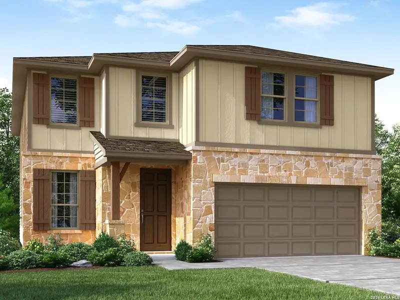 Front exterior of a new home in Estancia Ranch - Premier Series, San Antonio, TX, highlighting curb appeal (Image 1). Front exterior of a new home in Estancia Ranch - Premier Series, San Antonio, TX, highlighting curb appeal (Image 1).