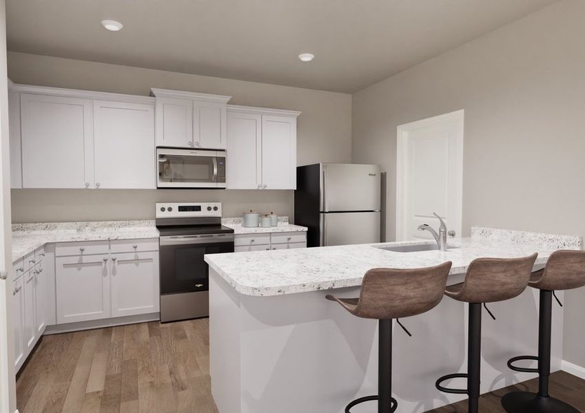 Bright, modern kitchen with white cabinets, granite countertops, stainless steel appliances, and vinyl plank floor. Bright, modern kitchen with white cabinets, granite countertops, stainless steel appliances, and vinyl plank floor.