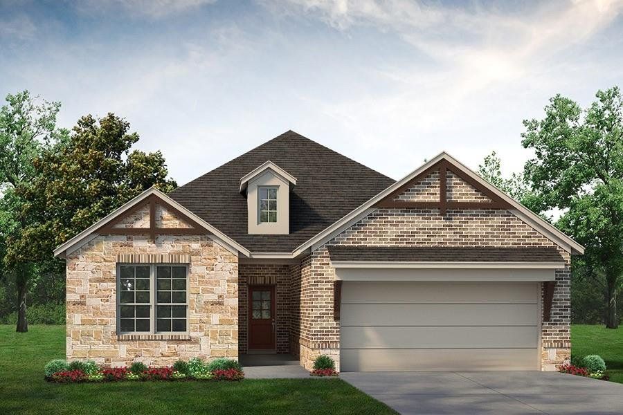 Stone and brick facade home featuring a dark shingle roof, a dormer window, and an attached garage with a light-colored door Stone and brick facade home featuring a dark shingle roof, a dormer window, and an attached garage with a light-colored door