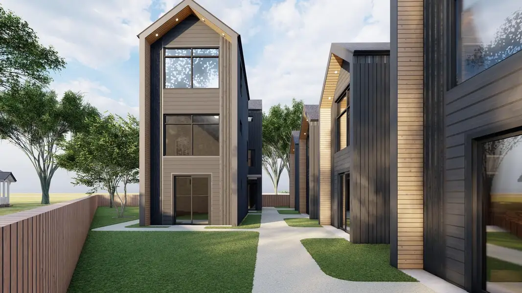 Modern three-story featuring sleek vertical siding, large windows, and warm wood accents. Stylish design with landscaped walkways and plenty of natural light. Modern three-story featuring sleek vertical siding, large windows, and warm wood accents. Stylish design with landscaped walkways and plenty of natural light.