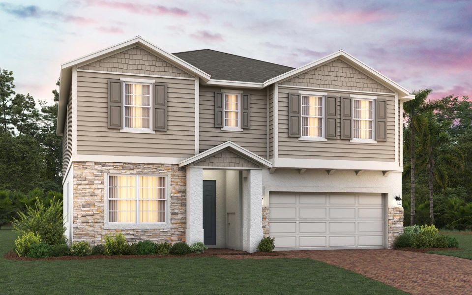 Front exterior of a new home in Pine Meadows Reserve, Eustis, FL, highlighting curb appeal (Image 19). Front exterior of a new home in Pine Meadows Reserve, Eustis, FL, highlighting curb appeal (Image 19).