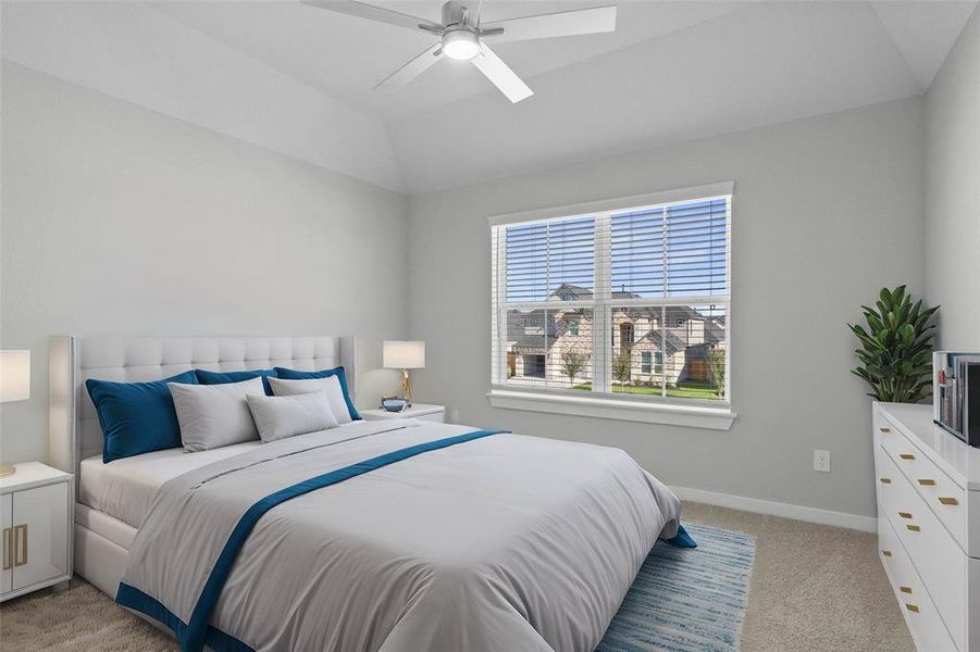 Secondary bedroom features plush carpet, custom paint, high ceilings with ceiling fan, windows with privacy blinds, and ample closet space.