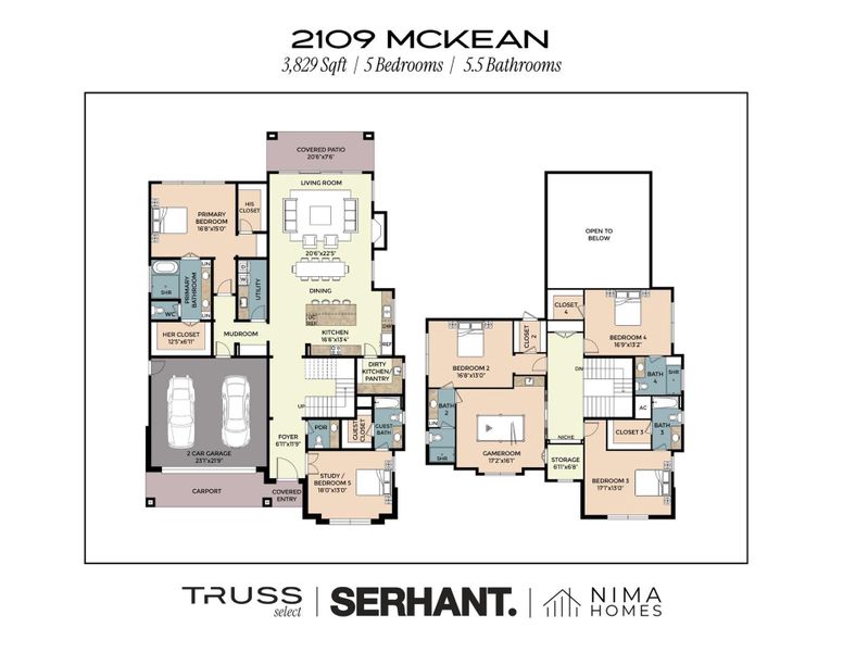The first-floor plan showcases a highly functional layout, balancing open-concept living and entertaining with a private study that can be used as a mother in law suite and full bath, while maintaining a strong connection to the covered outdoor living and backyard.