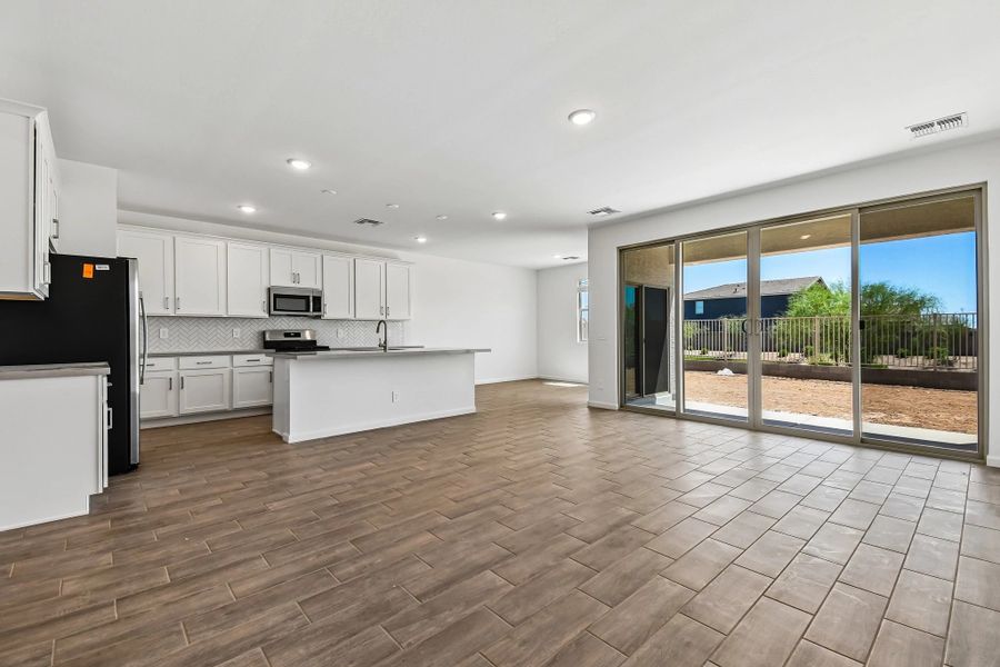 Great room, kitchen and dining
