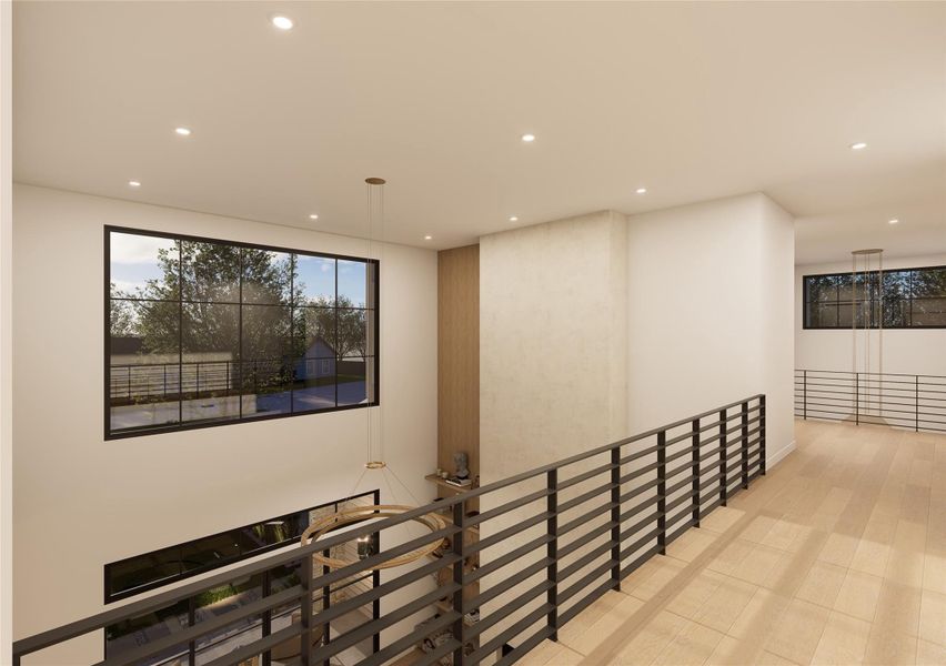An airy second-story walkway designed to celebrate the home’s vertical scale, offering uninterrupted sightlines across the open-concept layout. Sunlight pours through clerestory-style windows, enhancing the clean architectural lines and understated luxury throughout. An airy second-story walkway designed to celebrate the home’s vertical scale, offering uninterrupted sightlines across the open-concept layout. Sunlight pours through clerestory-style windows, enhancing the clean architectural lines and understated luxury throughout.