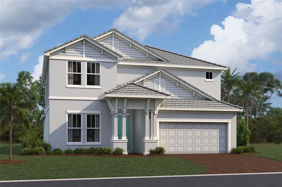 Front exterior of a new home in Hawkstone, Sarasota, FL, highlighting curb appeal (Image 1). Front exterior of a new home in Hawkstone, Sarasota, FL, highlighting curb appeal (Image 1).