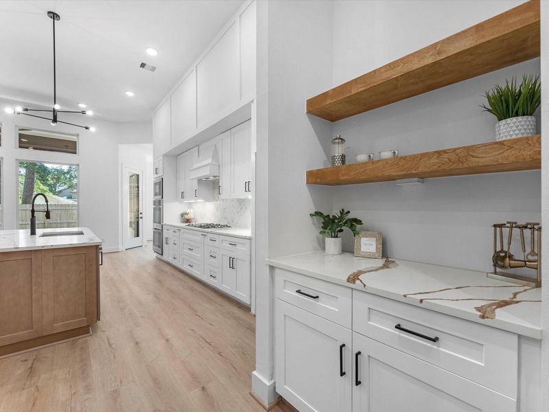 Separate coffee bar with hardwood floating shelves Separate coffee bar with hardwood floating shelves