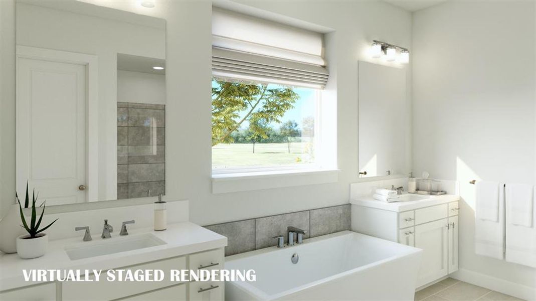 With his and her vanities, this owner's bath offers plenty of space for two!  VIRTUALLY STAGES RENDERING