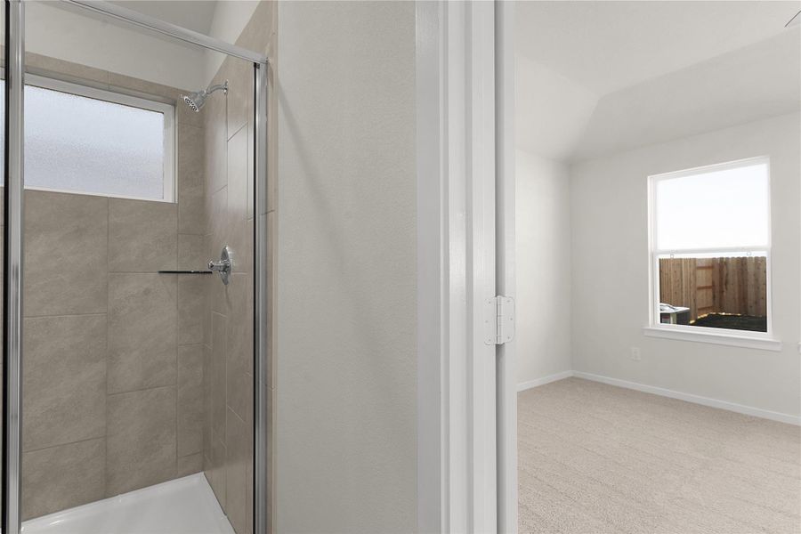 Bathroom with plenty of natural light, a shower stall, and light colored carpet