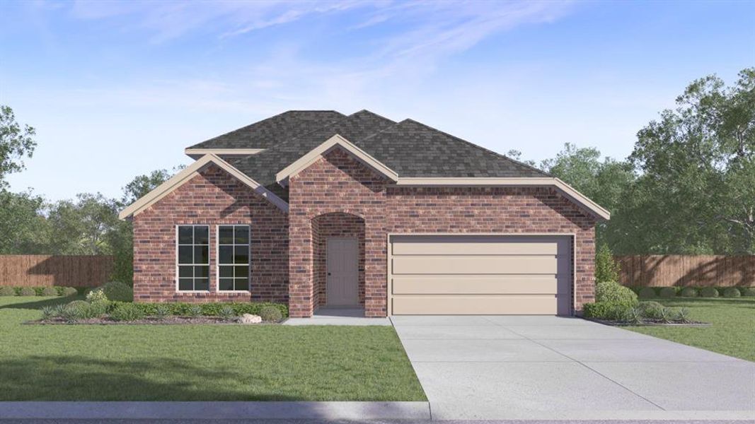 View of front of home featuring a garage and a front lawn