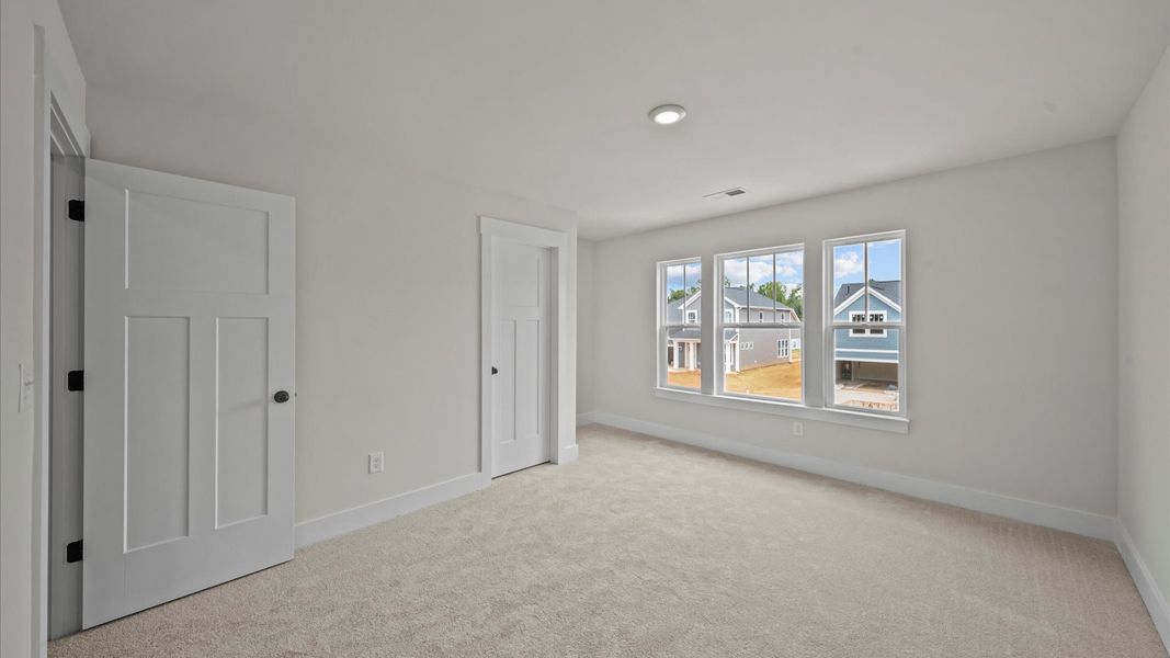 Elegant carpeted bedroom with walk-in closet and wall-to-wall windows offering natural brightness