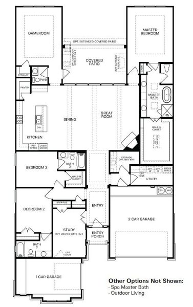2D floor plan layout for the Teramo by Sitterle Homes in Parmer Ranch 60′, Georgetown, TX (Image 3).