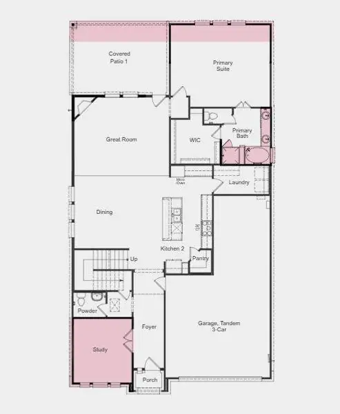 Structural options added include: Extended primary suite and covered patio, slide-in tub at primary bath, secondary bedroom and full bathroom in place of tandem garage, study in place of flex, and media room. Structural options added include: Extended primary suite and covered patio, slide-in tub at primary bath, secondary bedroom and full bathroom in place of tandem garage, study in place of flex, and media room.