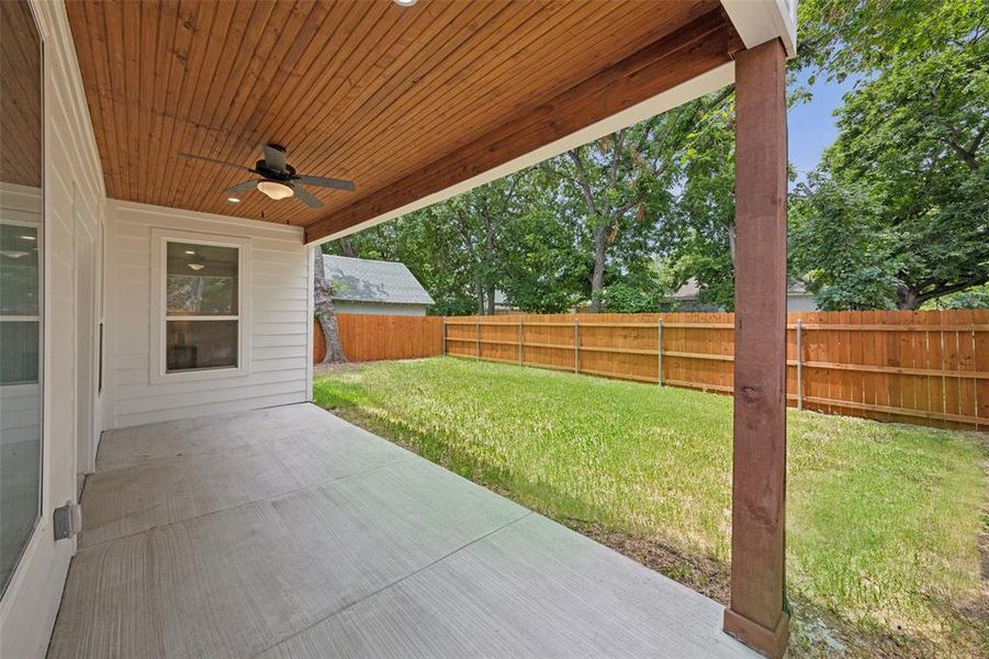 View from first floor patio with ceiling fan