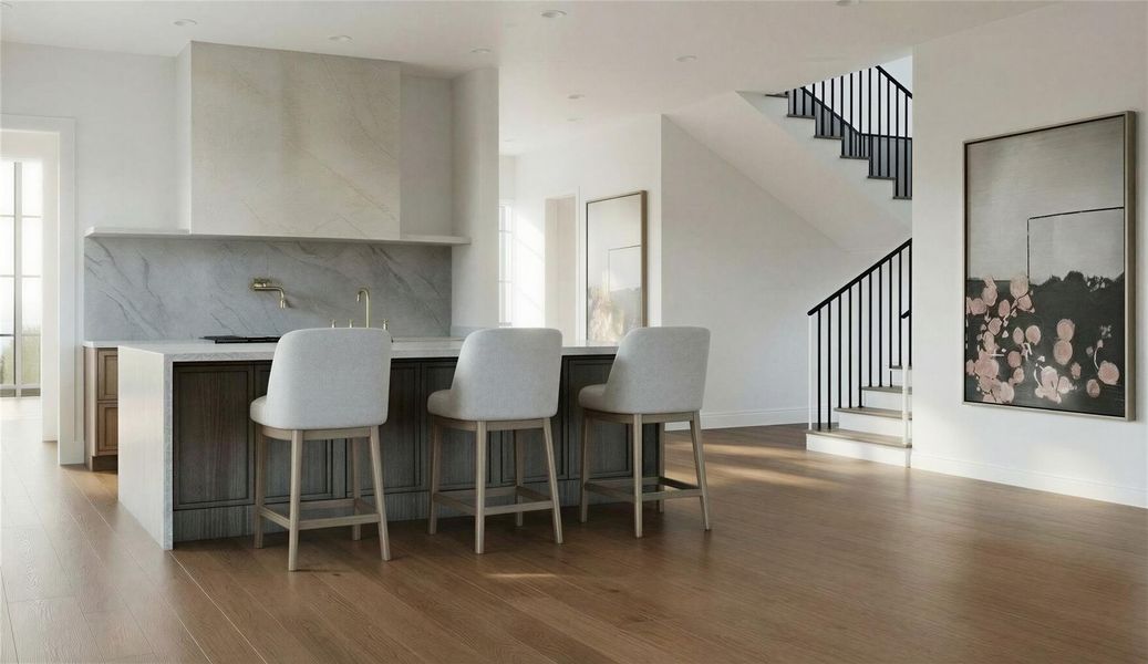 Rendering: Chef's kitchen with natural stone, custom cabinets and high end appliance package.