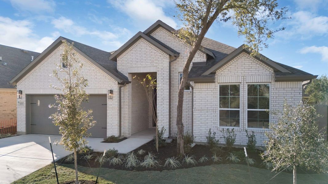 Front exterior of a new home in Highland Village, Georgetown, TX, highlighting curb appeal (Image 16).