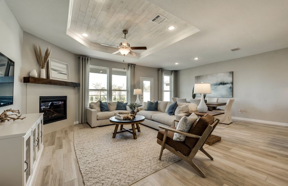 Spacious gathering room with recessed lighting