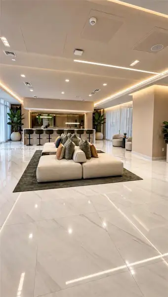 Polished stone-finish flooring throughout, tray ceiling with integrated recessed and linear LED lighting, and a built-in bar area featuring a stone countertop Polished stone-finish flooring throughout, tray ceiling with integrated recessed and linear LED lighting, and a built-in bar area featuring a stone countertop